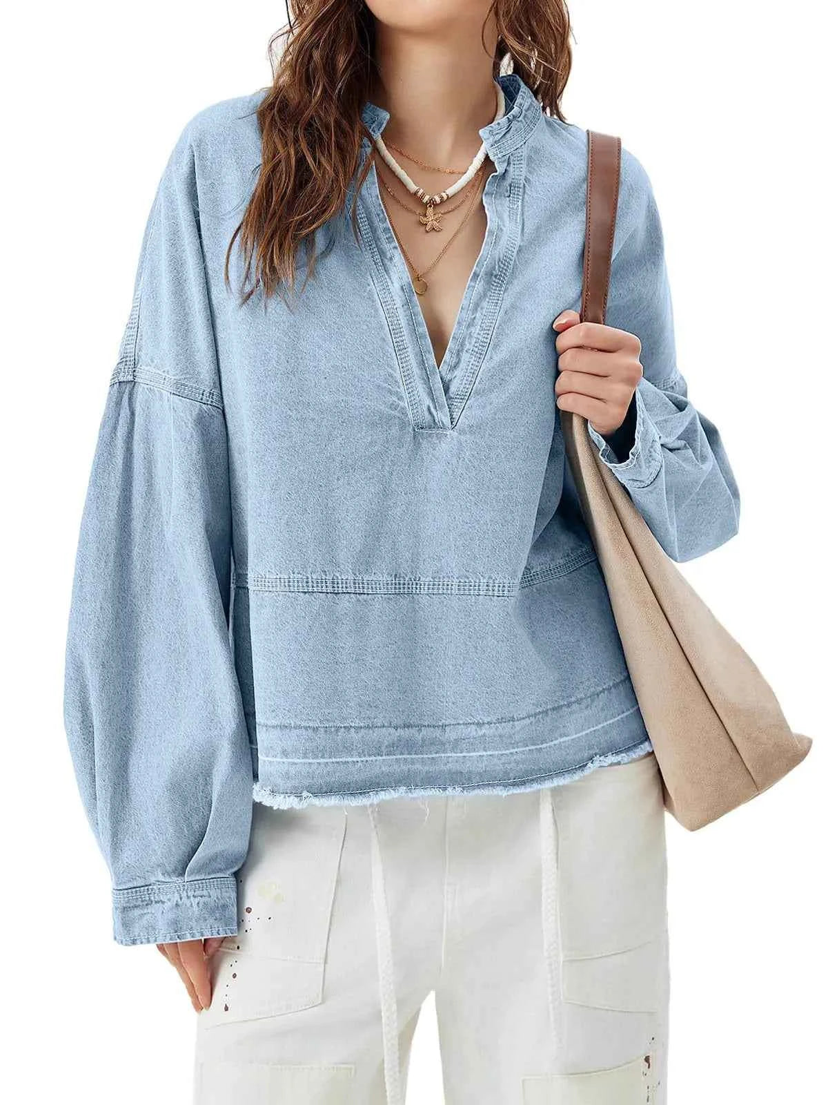 Raw Hem Long Sleeve Denim Top 01d354dd-29eb-41ad-882e-2c258fc093e2-Max-Origin