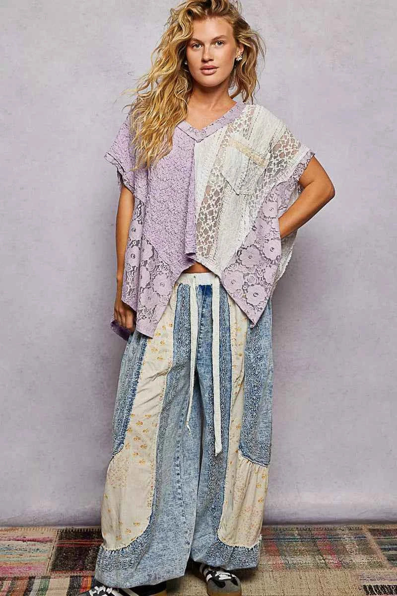 Asymmetrical V-Neck Short Sleeve Lace Top 01e0a810-ff5d-4fa1-aaf5-786250d226aa-Max-Origin