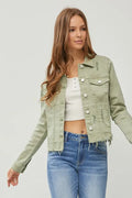 RISEN Full Size Raw Hem Button Up Cropped Denim Jacket Plus Size Sage 01e198c8-bc22-4bed-af80-40f309b11b83-Max