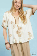 Umgee Paisley Embroidered Short Puff Sleeve Top LATTE 01e7303f-7d6e-45b7-a487-ee5badd1647d-Max-Origin