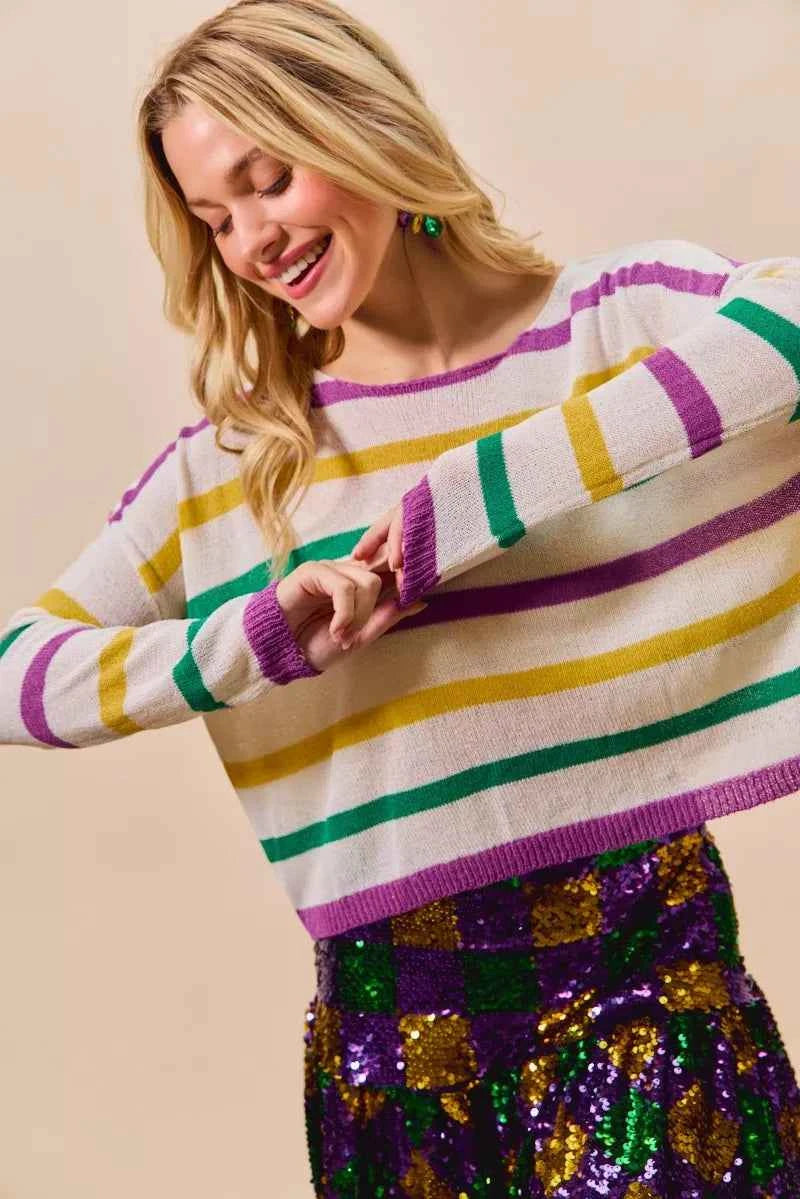 SO ME Mardi Gras Color Stripe Lightweight Sweater Top 01e980d3e6f84e0d942b9d539b32dea5-Max-Origin