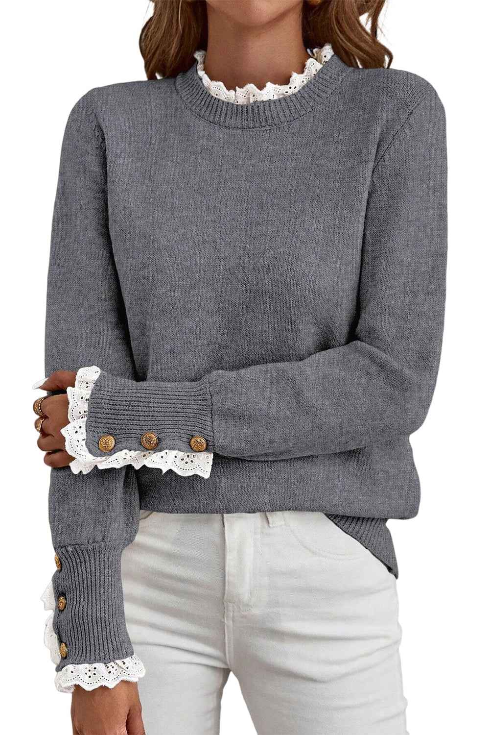 Racing Red Lace Trim Patchwork Buttoned Cuffs Loose Sweater 01f0182e71e49b70