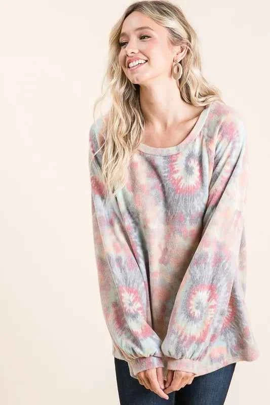 BiBi Brushed Tie Dye Print Top with Puff Sleeves 01f10b19984143c7acd5320b649e95da-Max-Origin