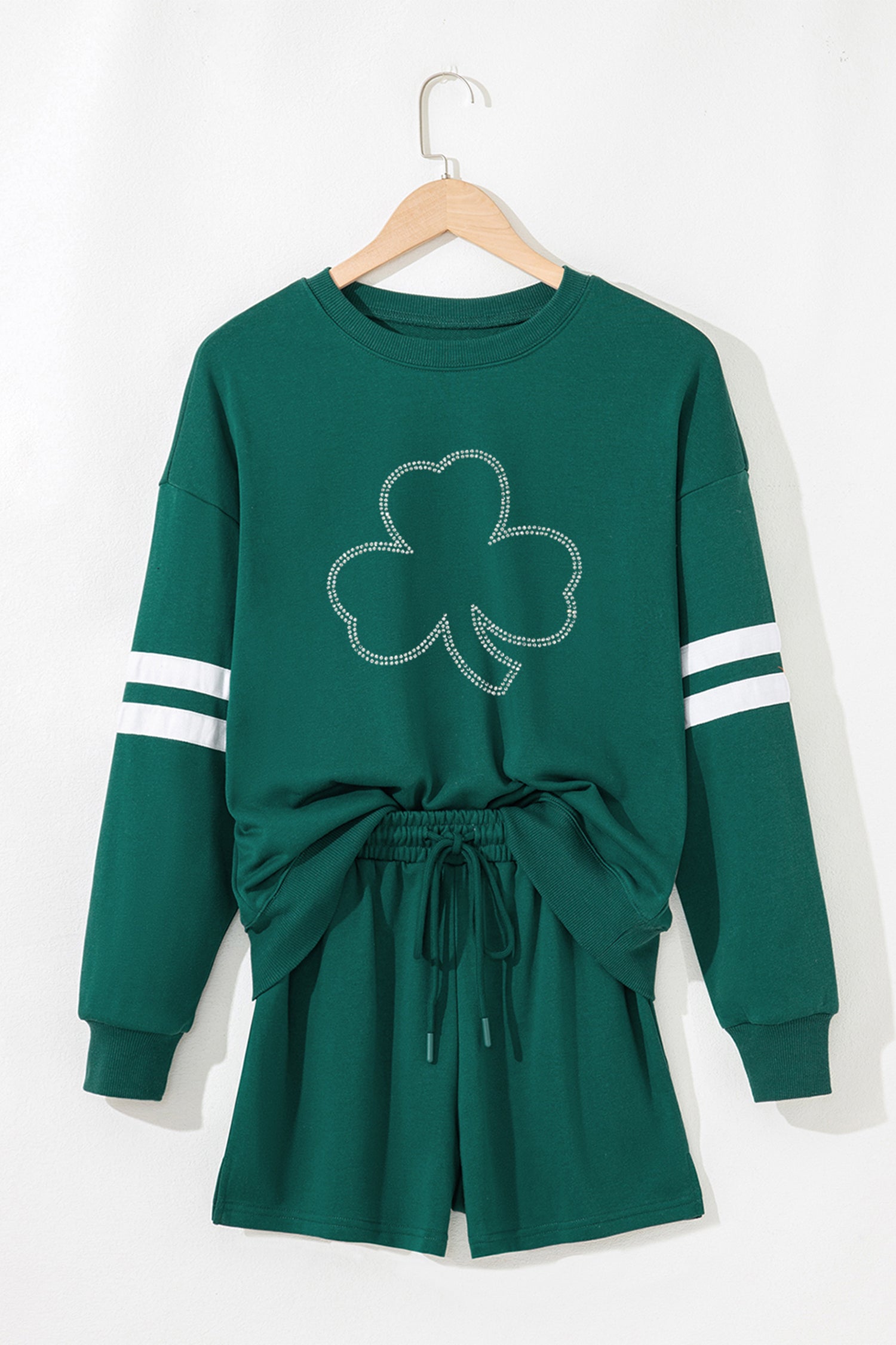 Evergreen Rhinestone Clover Varsity Pullover Drawstring Shorts 2pcs Set 01f2b794c973ba5a