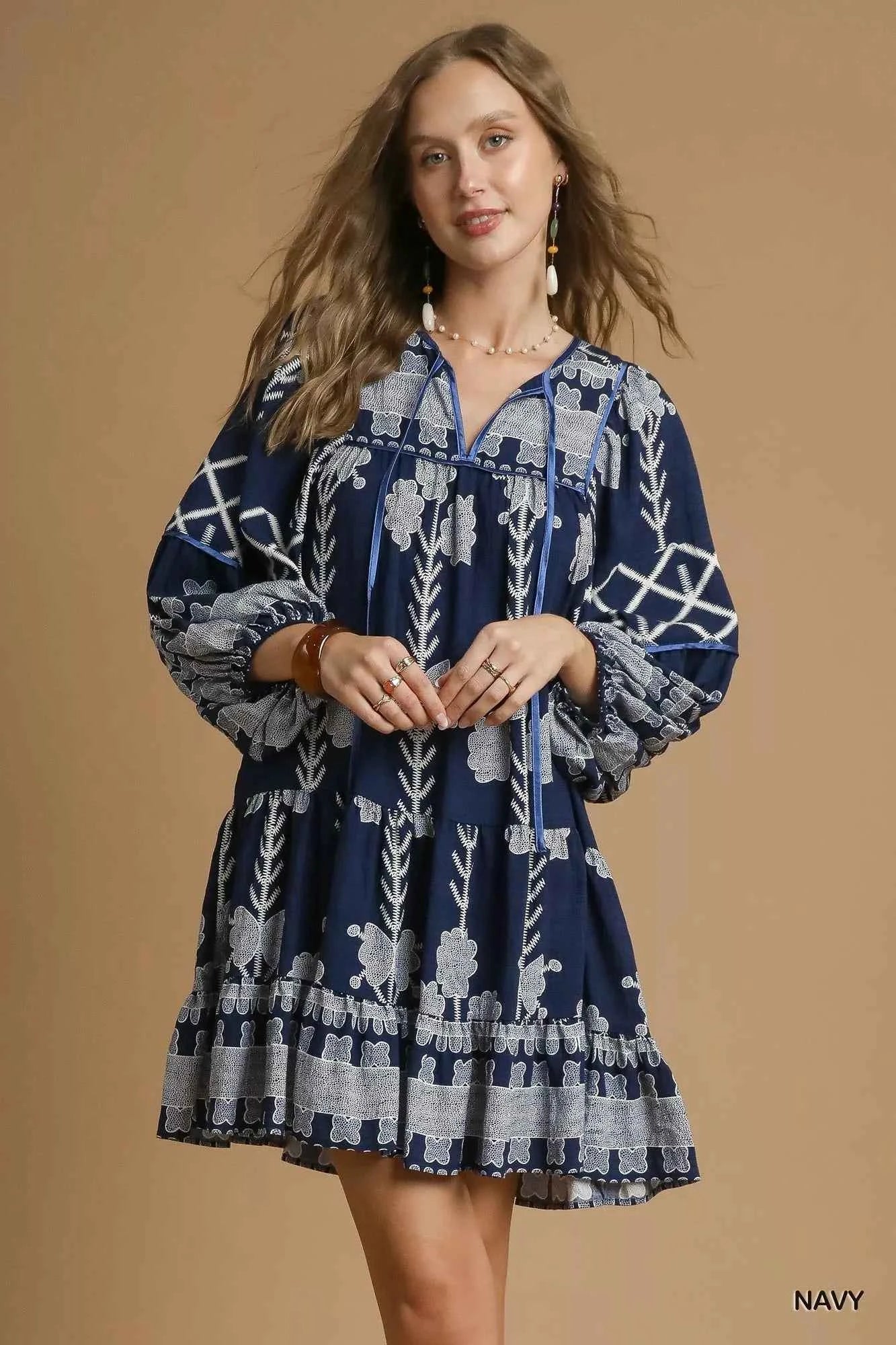 Umgee Tribal Print Dress with Tie Neck NAVY 01f34951-2de5-4246-8d74-715408ed47e9-Max-Origin