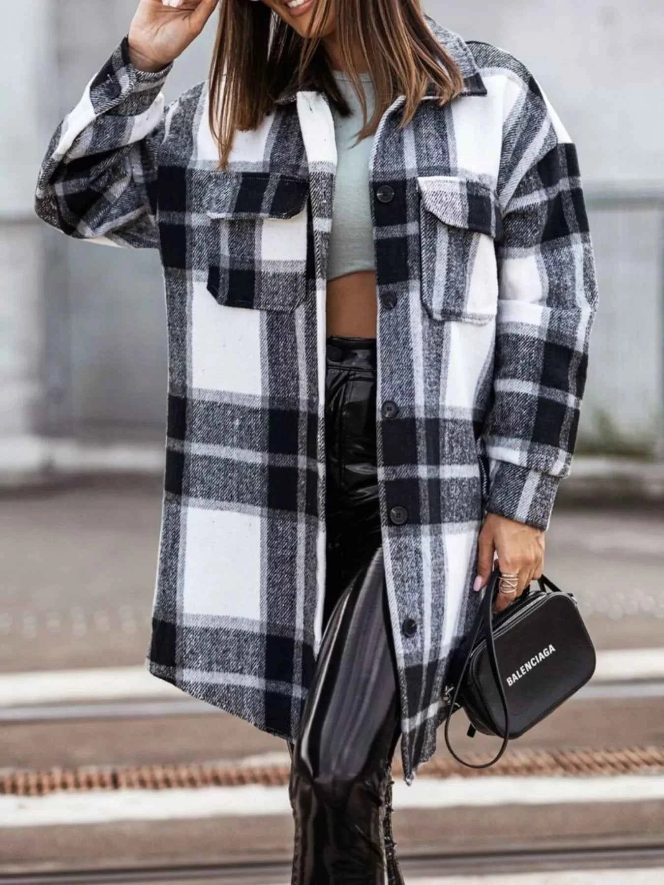 Button Down Collared Neck Plaid Flannel Shacket Black 01fbec55-53be-417f-9100-75d996cb5cd6-Max-Origin
