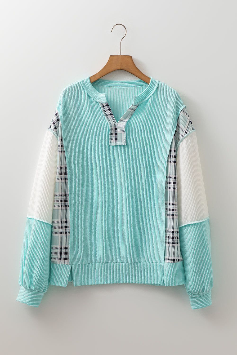 Aruba Blue Corded Texture Plaid Patchwork Split Neck Long Sleeve Top 01ffeb67770a1b6e