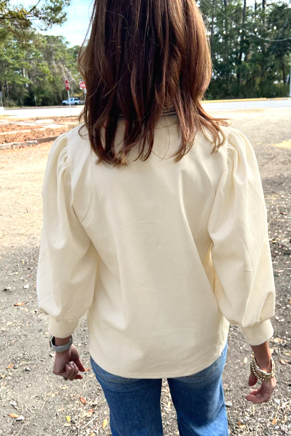 White Striped Ruffle Button Neck Pullover Sweatshirt 020ad0d9a88450fd