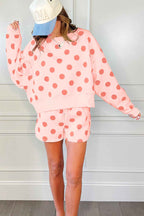 Sky Blue Polka Dot Print Drop Shoulder Pullover Drawstring Shorts Set 020bfac9c9264e5d