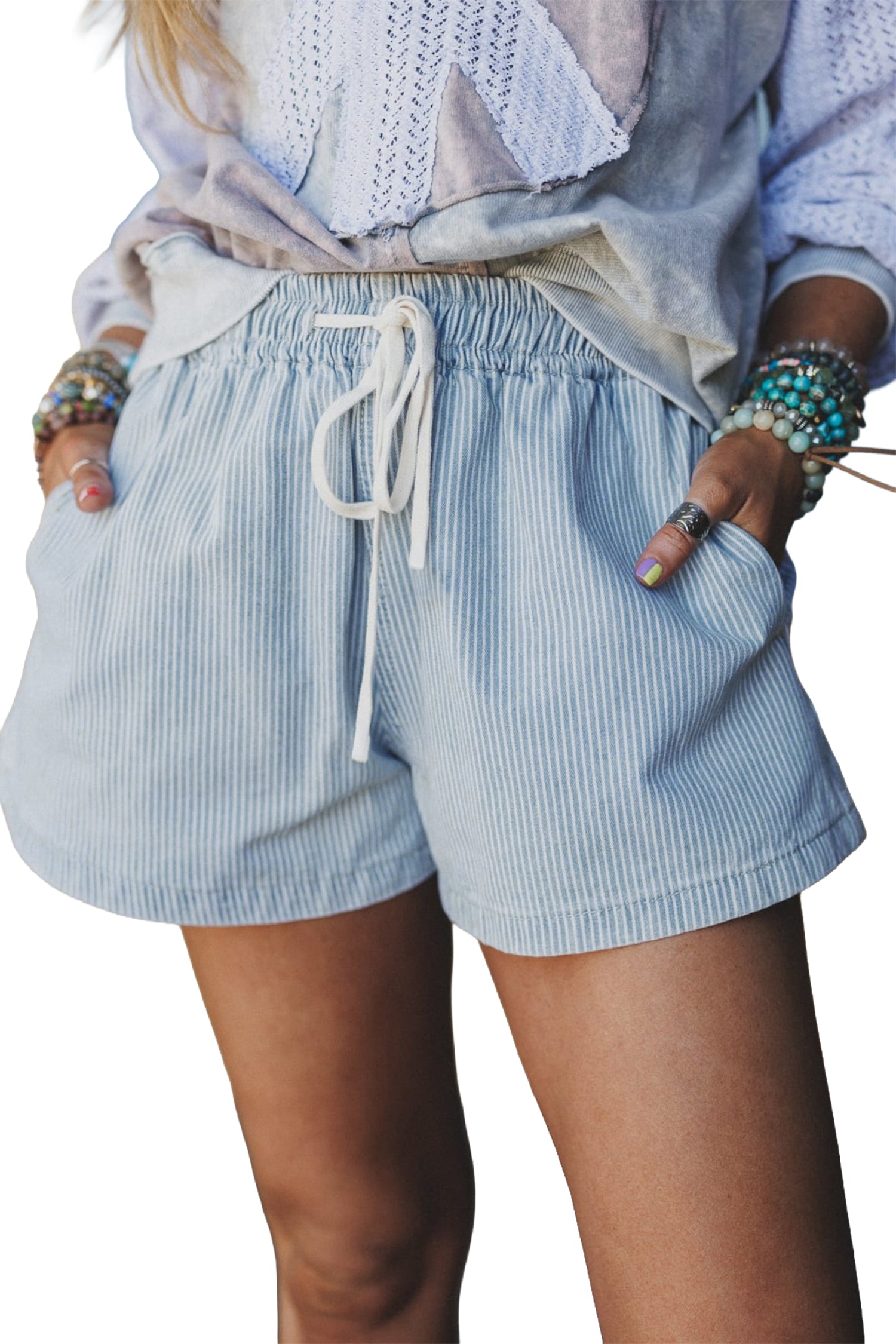 Sky Blue Stripe Drawstring Elastic Waist Casual Denim Shorts 0214ffc30eee1d65
