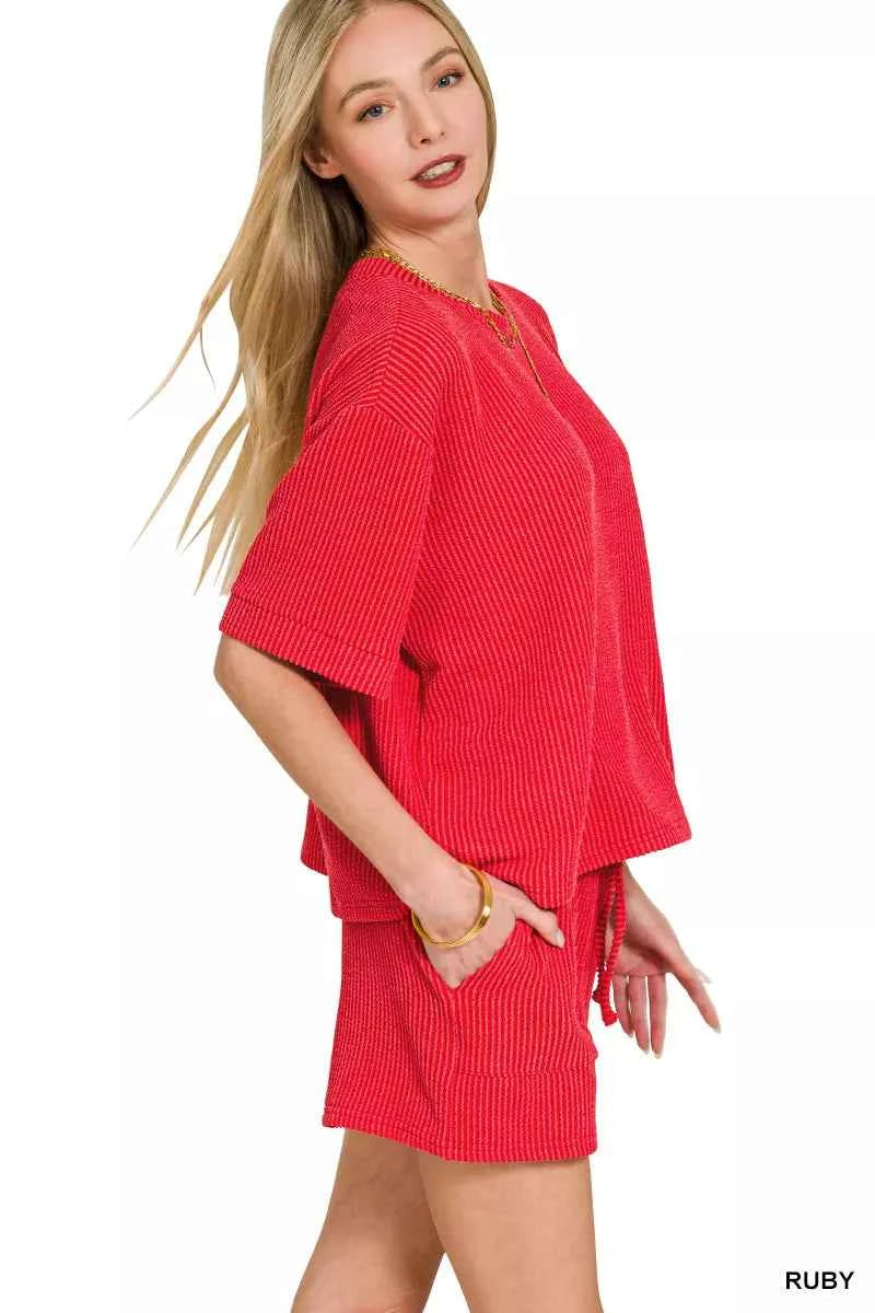 Zenana Raised Rib Short Sleeve Tee and Drawstring Shorts Set 0215d9ff-113e-4b5d-848c-7f767f2ba3ff-Max-Origin