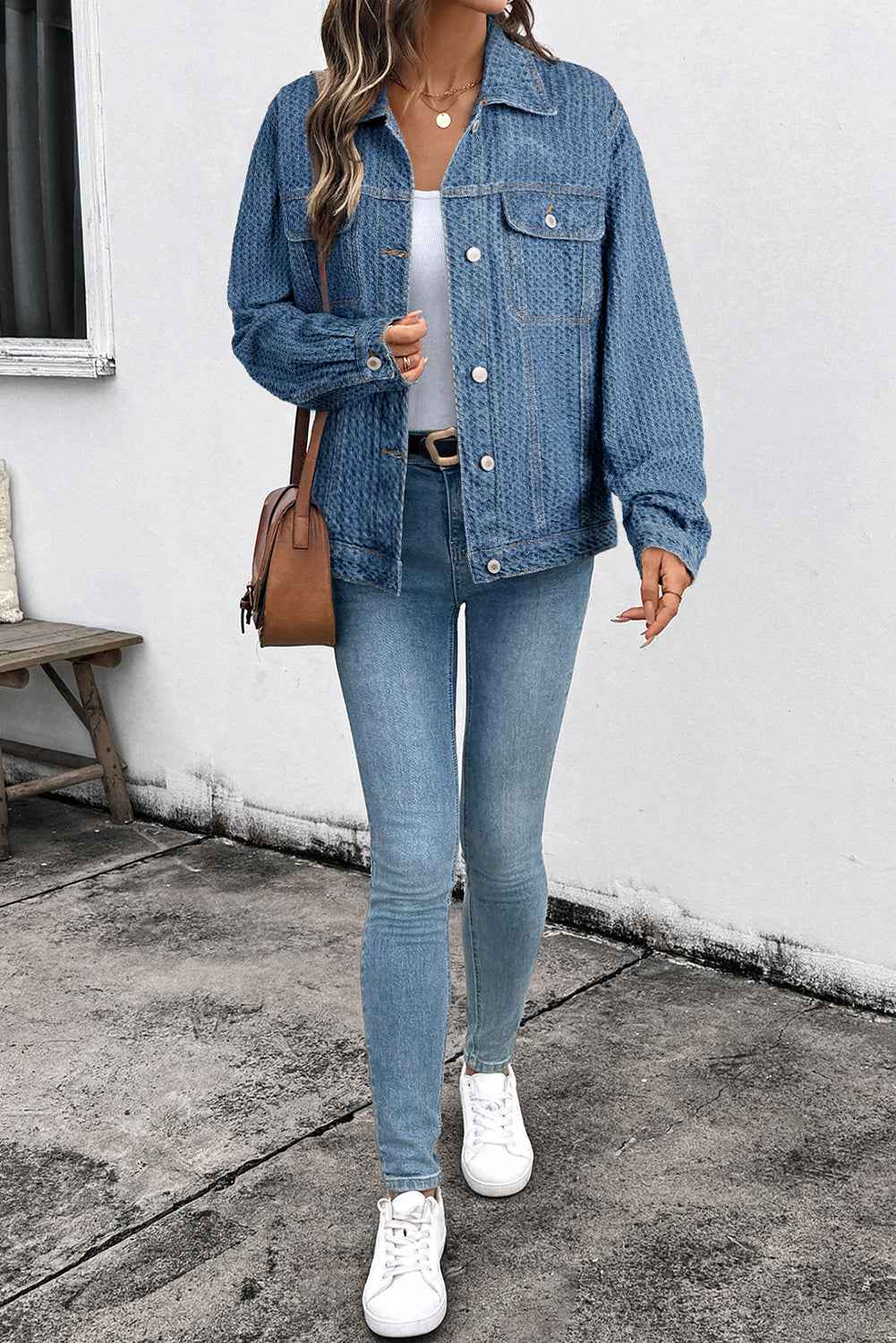 Blue Double Flap Pocket Denim Textured Button Down Jacket 021b698659e4f72c