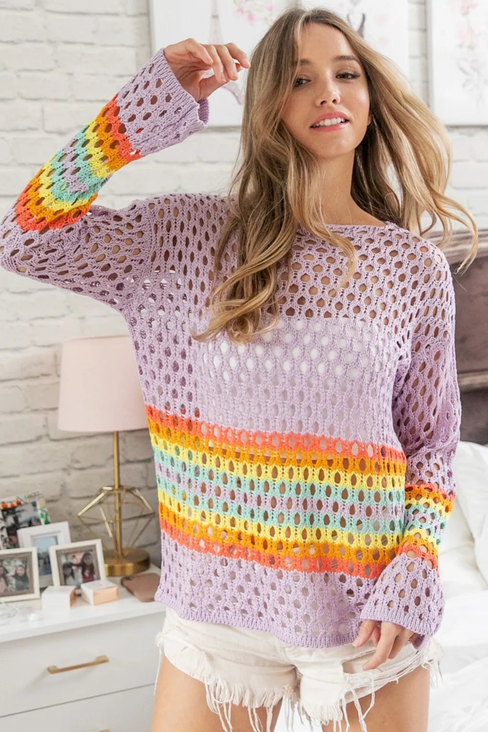 BiBi Rainbow Stripe Hollow Out Cover Up 021e20e5-ebf8-44c1-b7e8-3bb22eef091f-Max