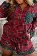 Red Plus Size Plaid Patchwork Long Sleeve Shirt and Shorts Pajama Set Red 59%Polyester+41%Cotton 021e417244b743c6