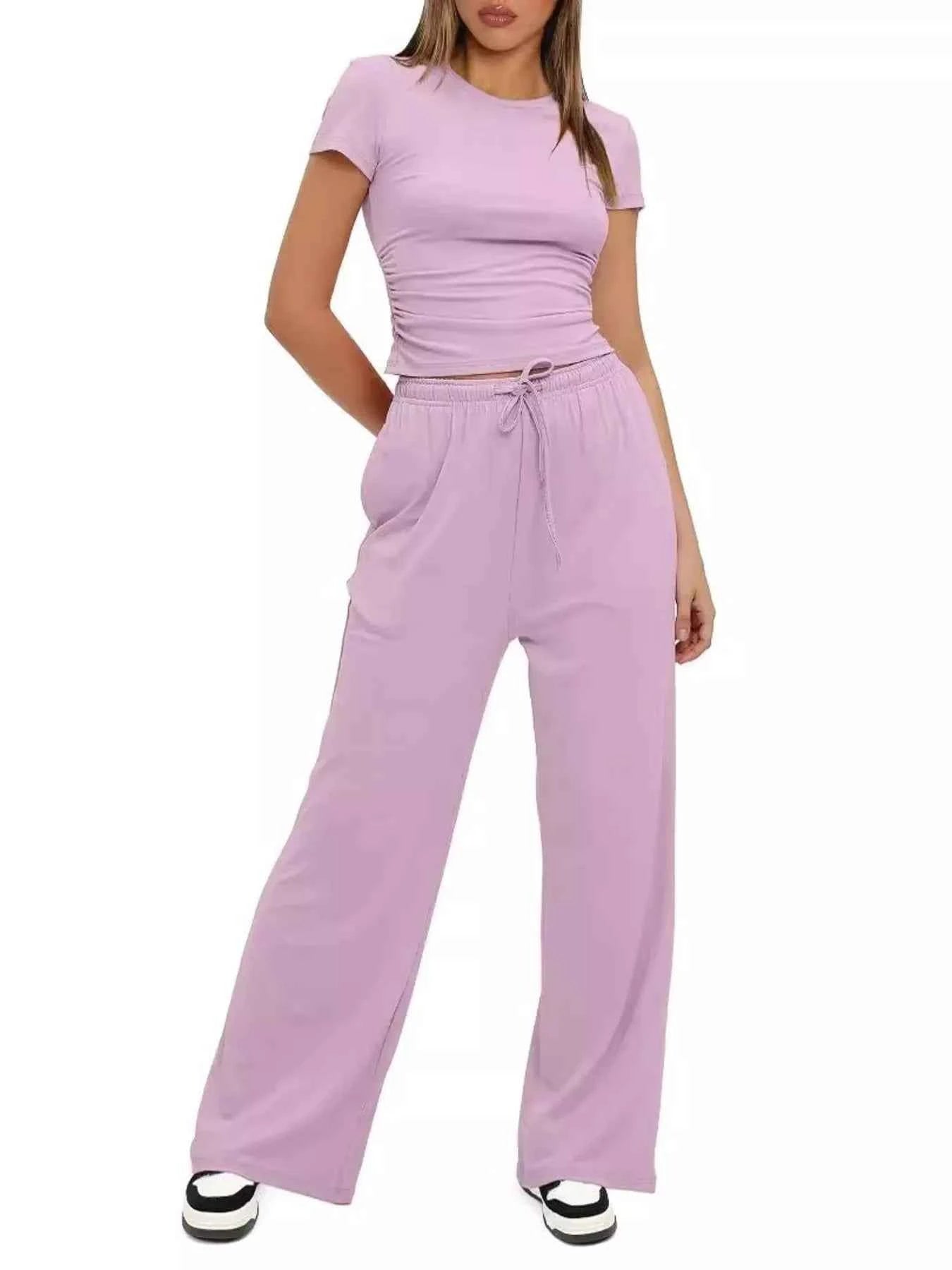Round Neck Short Sleeve T-Shirt and Pants Set 02200d47f74641d4bd6d4f5cfa22b6a8-Max-Origin