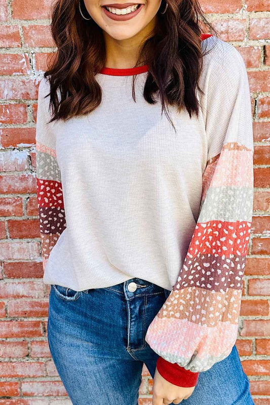 Contrast Leopard Color Block Sleeve Loose Pullover Jet Stream 75%Polyester+25%Cotton 0221bcf5cb02edb1