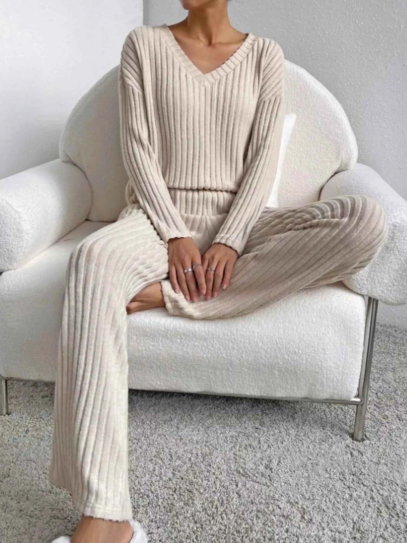 Ribbed Knit Long Sleeve Top and Pants Set 02280f336df14429acc8748cea0e1bda-Max-Origin