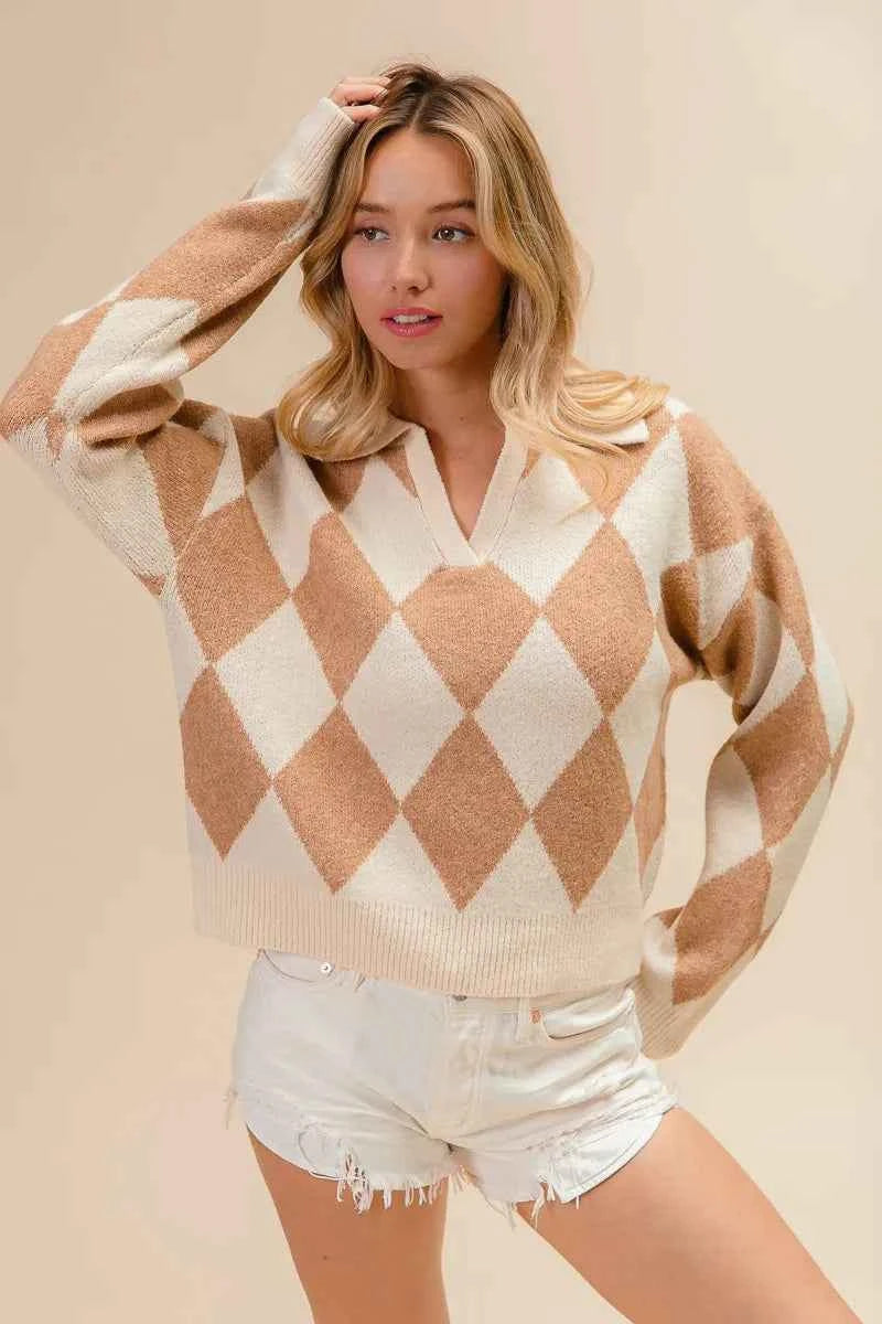 BiBi Diamond Pattern Collared Notch Neck Sweater 022e7f83db1f42069ec1c6b7016ac677-Max-Origin