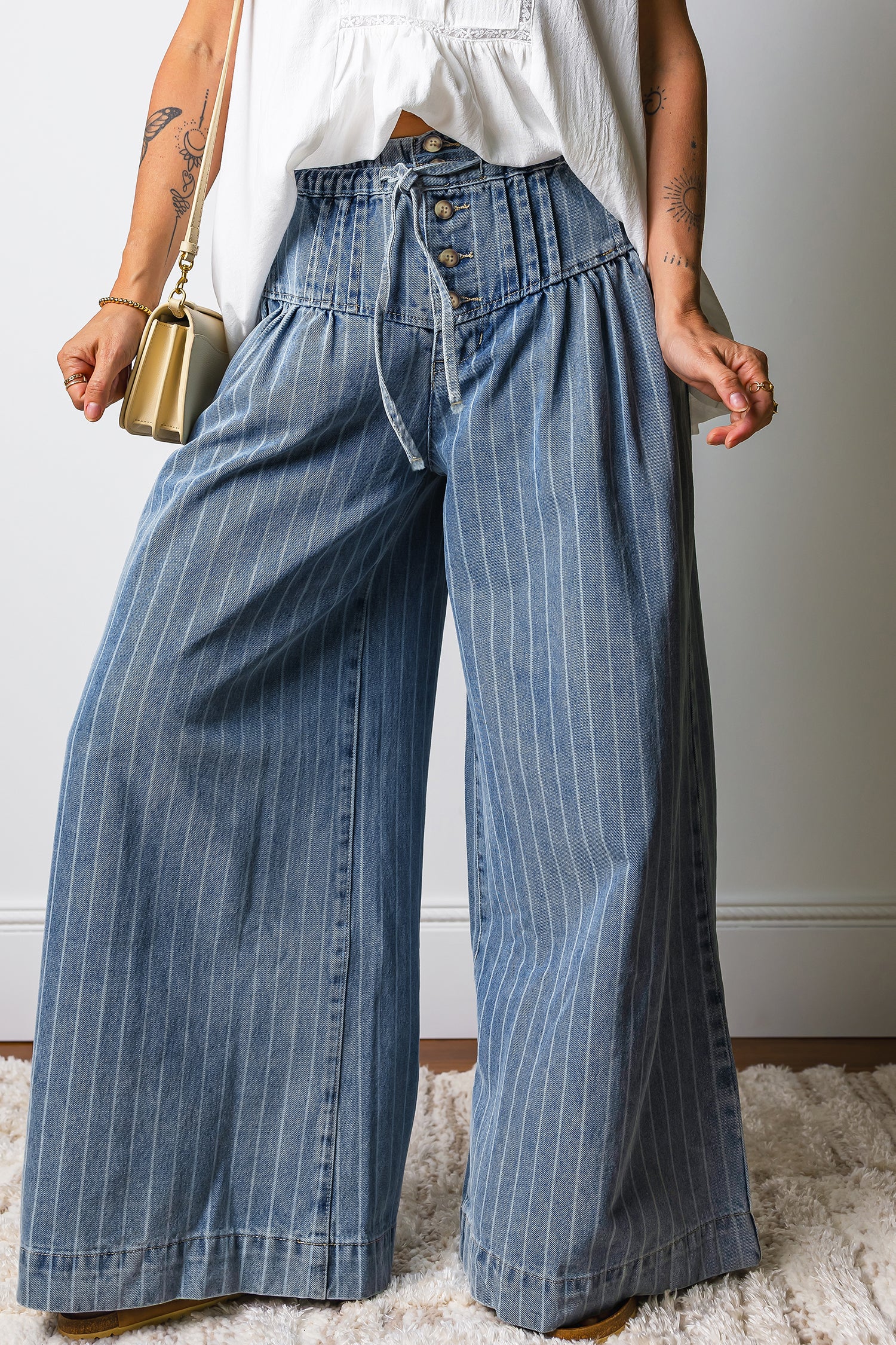Sky Blue Stripe Button Pleated Drawstring Waist Casual Wide Leg Jeans 0230f32159db37a7