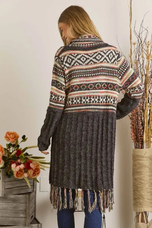 ADORA Full Size Fringe Hem Aztec Cardigan Plus Size
