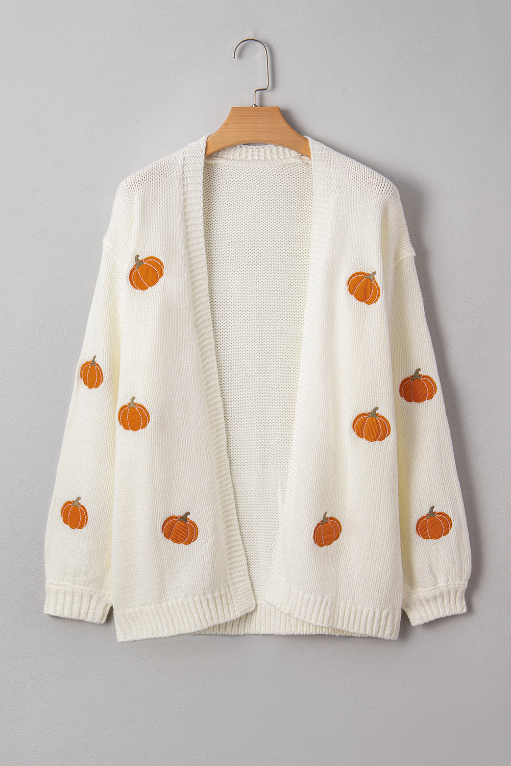 White Pumpkin Print Open Front Drop Shoulder Knit Cardigan 0242662eb19e1347