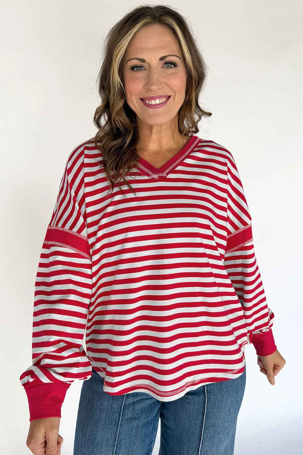 Red Striped Balloon Sleeve V Neck Blouse 0249e2ccae5e83bb