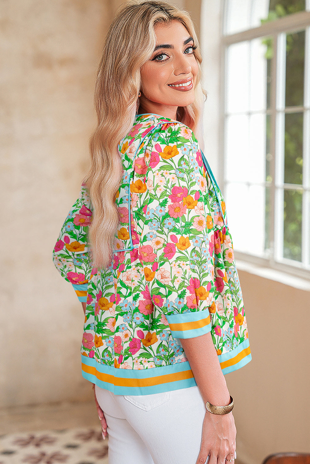 Green Floral Print Striped Trim Puff Sleeve Babydoll Blouse 0249ec6e12f68dc0