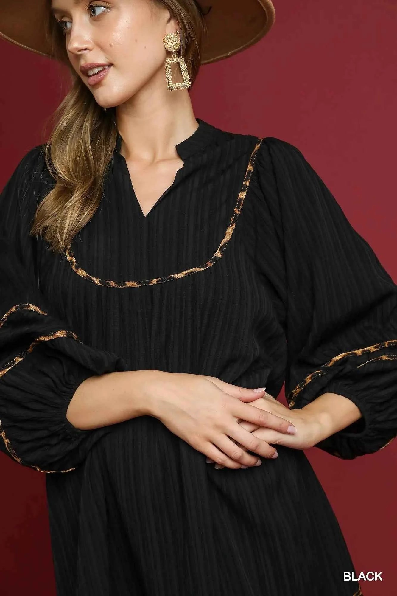 Umgee Full Size Textured Babydoll Dress with Leopard Trim Plus Size 024a3df6-6bfb-4e6f-8cc7-ebdb2afca689-Max-Origin