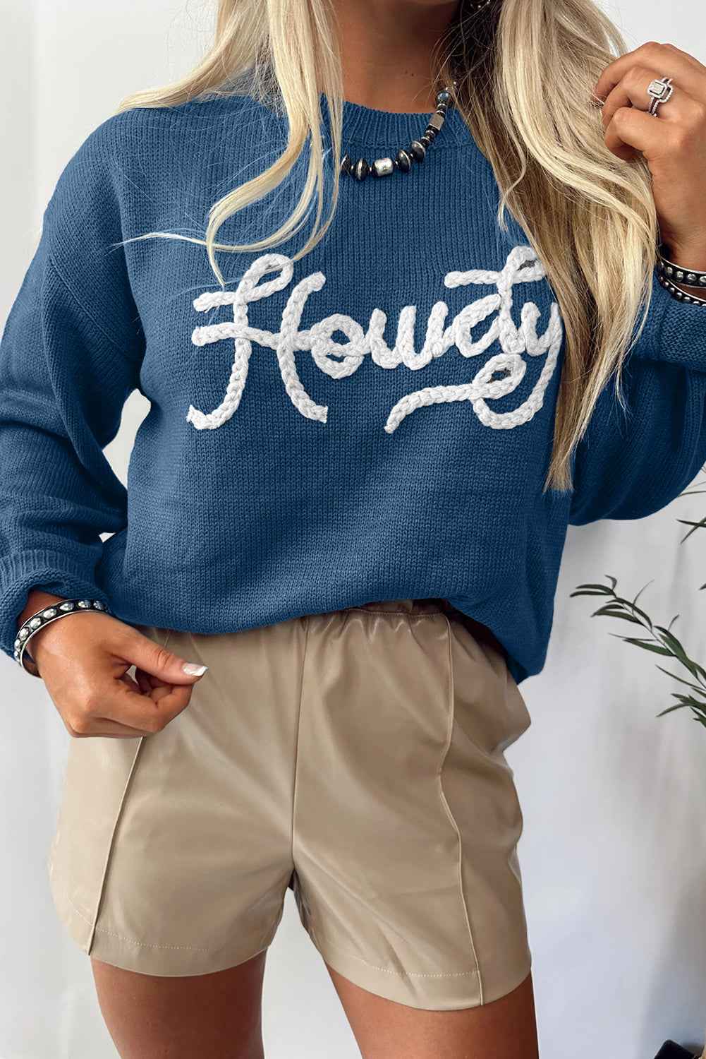 Dusk Blue Howdy Embroidered Graphic Sweater Dusk Blue 55%Acrylic+45%Cotton 02504023cfbab499