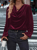 Velvet Cowl Neck Long Sleeve Blouse Burgundy 02509892a3584f479be4eb3376f24134-Max-Origin