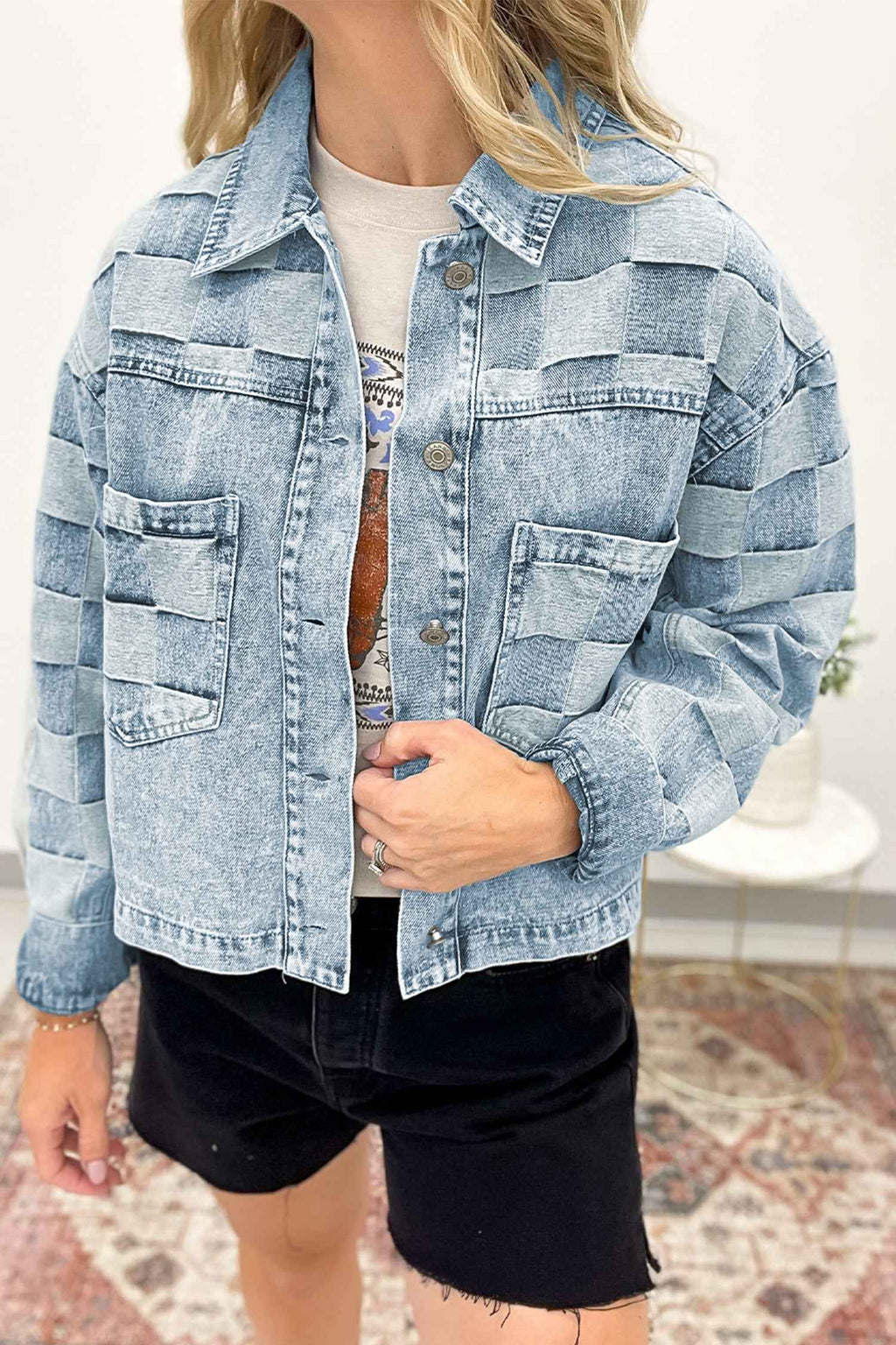 Beau Blue Denim Checkered Pattern Patchwork Womens Casual Jacket Beau Blue 85%Cotton+15%Polyester 025205f7d8f35cc0