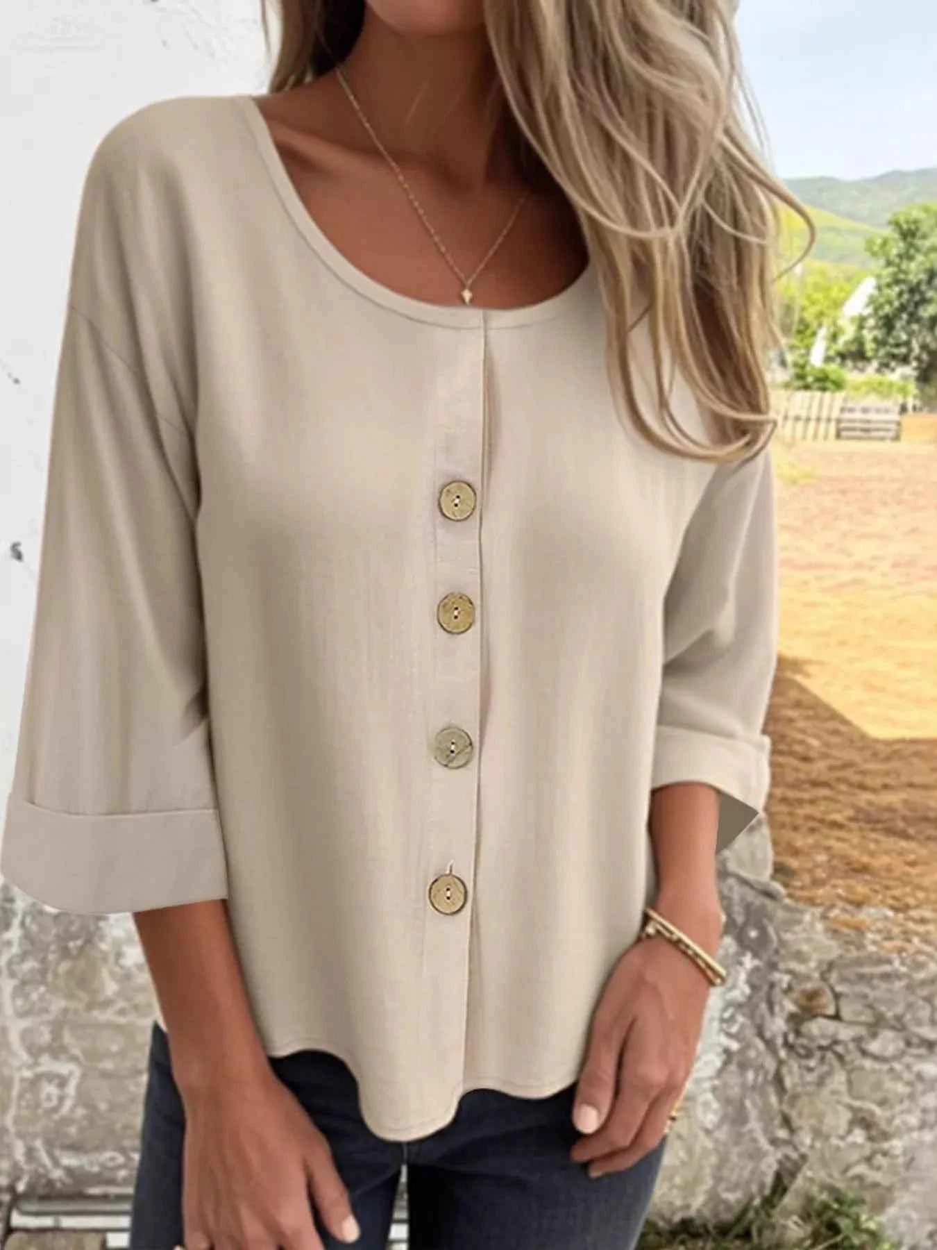 Full Size Button-Front 3/4 Sleeve Casual Blouse Plus Size Apricot 0254b3a980bb4d0c838c184ce17d60be-Max-Origin