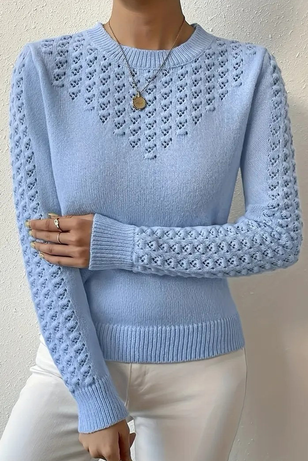 Sky Blue Hollow Out Round Neck Long Sleeve Sweater Sky Blue 02557a9e31f1c2d9