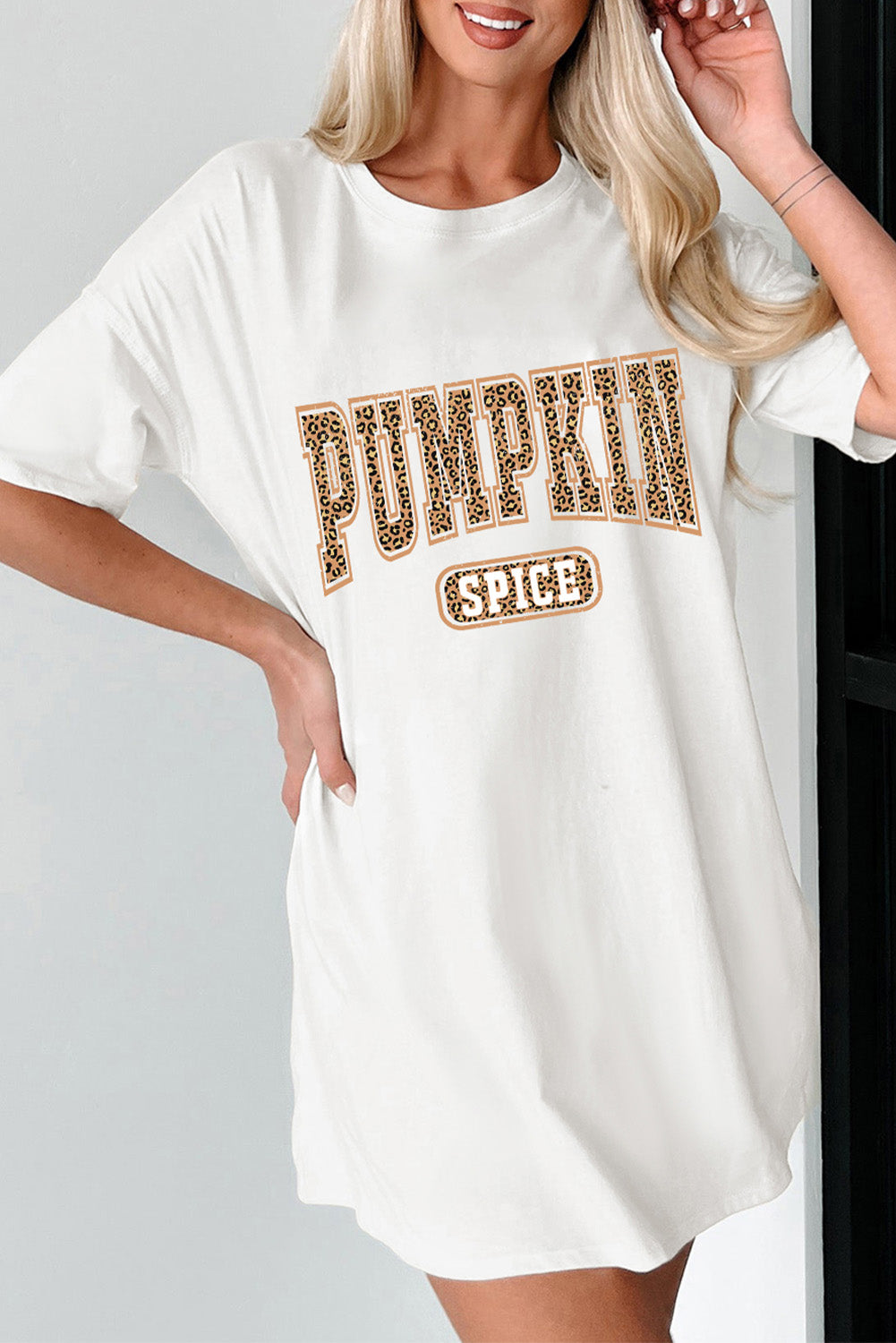 White PUMPKIN SPICE Leopard Heat Transfer Printing Graphic Tunic T Shirt 0256577596eff805