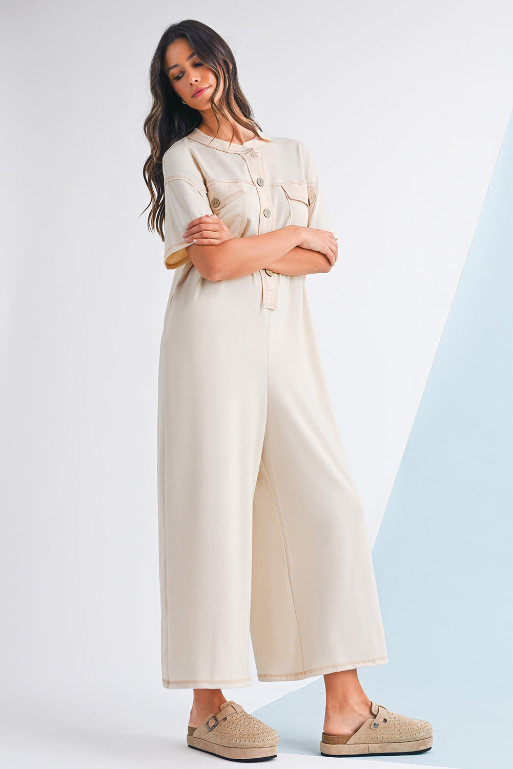 Beau Blue Patchwork Pocket Short Sleeve Jumpsuit 0256b227ec242251