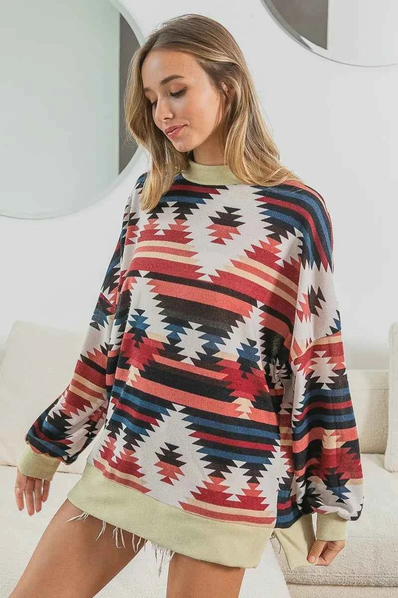 BiBi Aztec Print Mirr Mock Neck Lslv Top 0258302ebc544c729eb9c4db4dc3bb19-Max-Origin