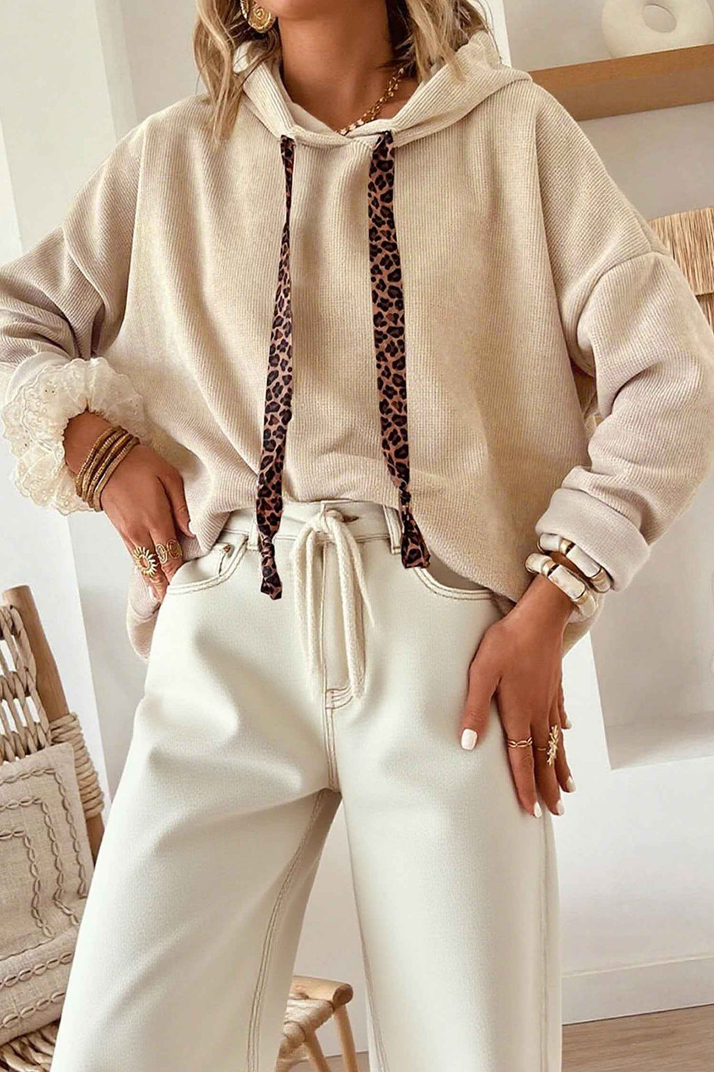 Parchment Thermal Textured Leopard Drawstring Baggy Hoodie Parchment 42.5%Polyester+40%Viscose+16%Polyamide+1.5%Elastane 025eaf553eb4b5b8