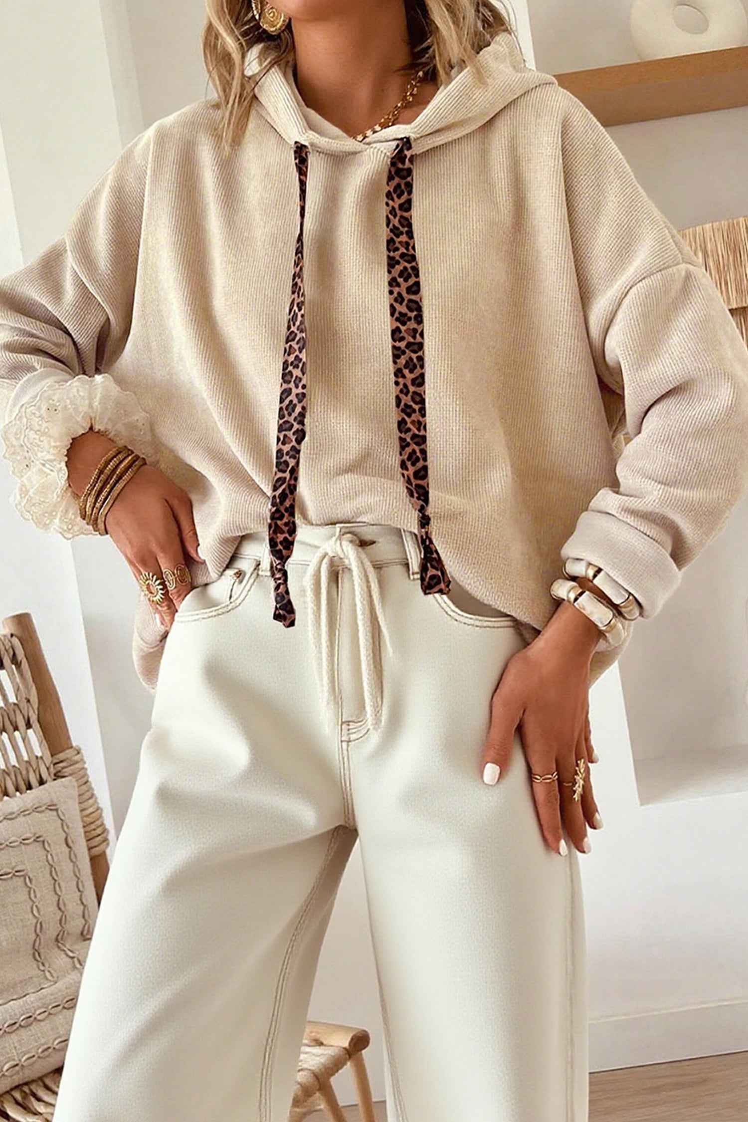 Parchment Thermal Textured Leopard Drawstring Baggy Hoodie Parchment 42.5%Polyester+40%Viscose+16%Polyamide+1.5%Elastane 025eaf553eb4b5b8