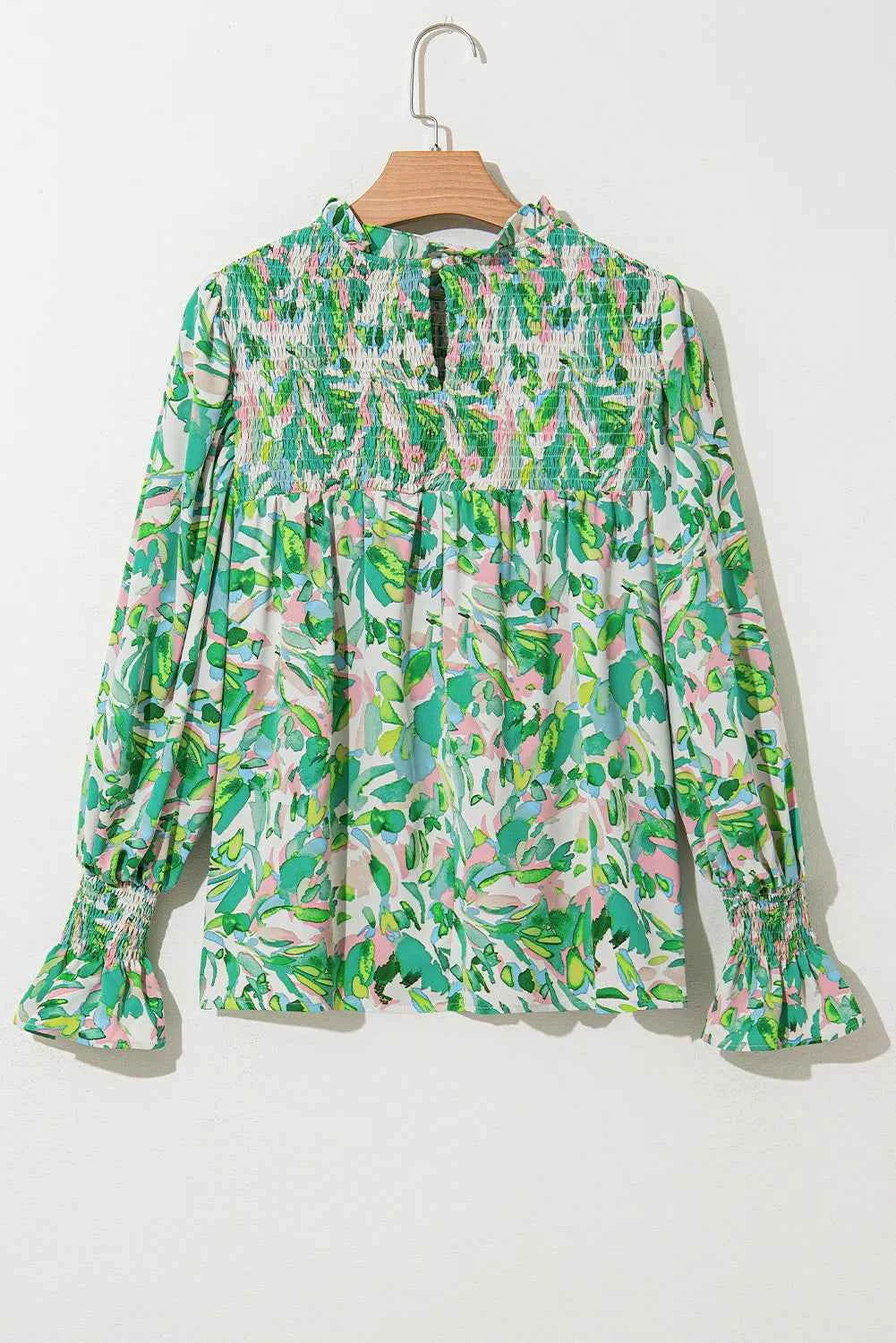 Frill Printed Mock Neck Flounce Sleeve Blouse 02604a61-2a4f-47d8-a86e-39341aac2235-Max