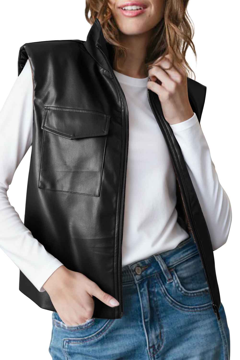 Black Double Flap Pocket Faux Leather Zip Up Stand Neck Vest 0260f7e38a89055e
