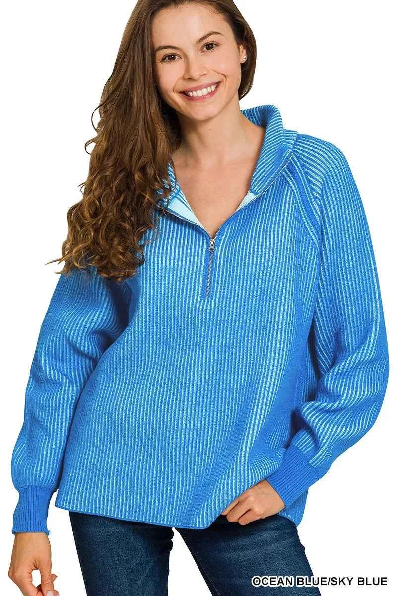 Zenana Ribbed Two Tone Half Zip Sweater 0261c321e4be4b84be9aa2216d7440bd-Max-Origin