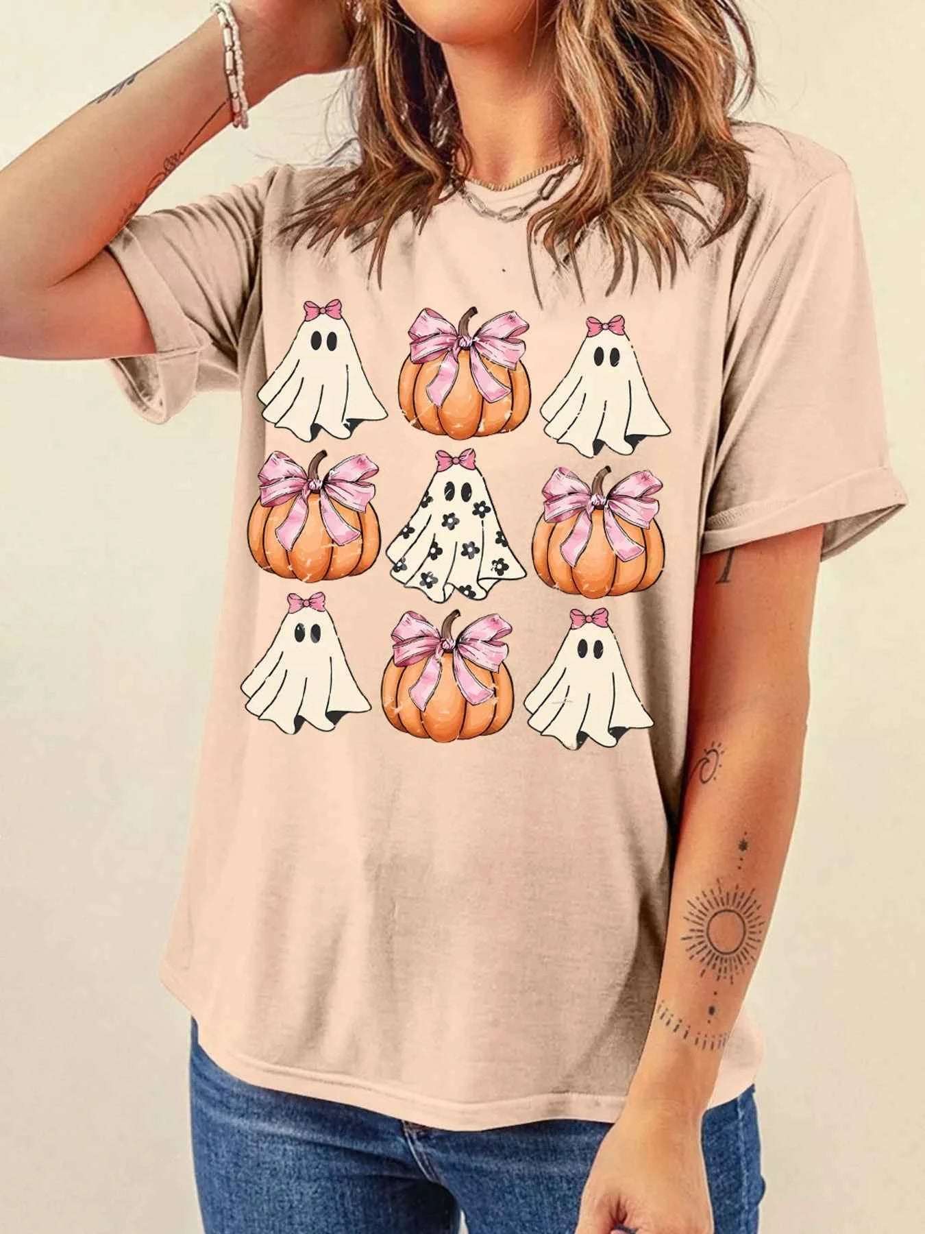 Halloween Bowknot Ghost Pumpkin Graphic T Shirt 0264e651b642441eb2a79129df2b6741-Max-Origin
