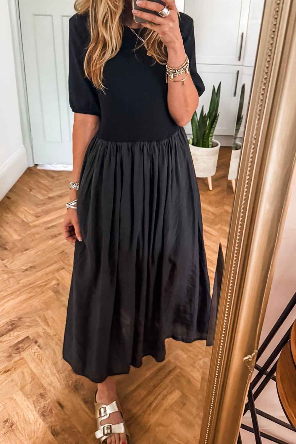 Black Short Sleeve Knit Top Patchwork Pleated Long Dress Black 92%Cotton+8%Elastane 0267a8d1f30cdc79