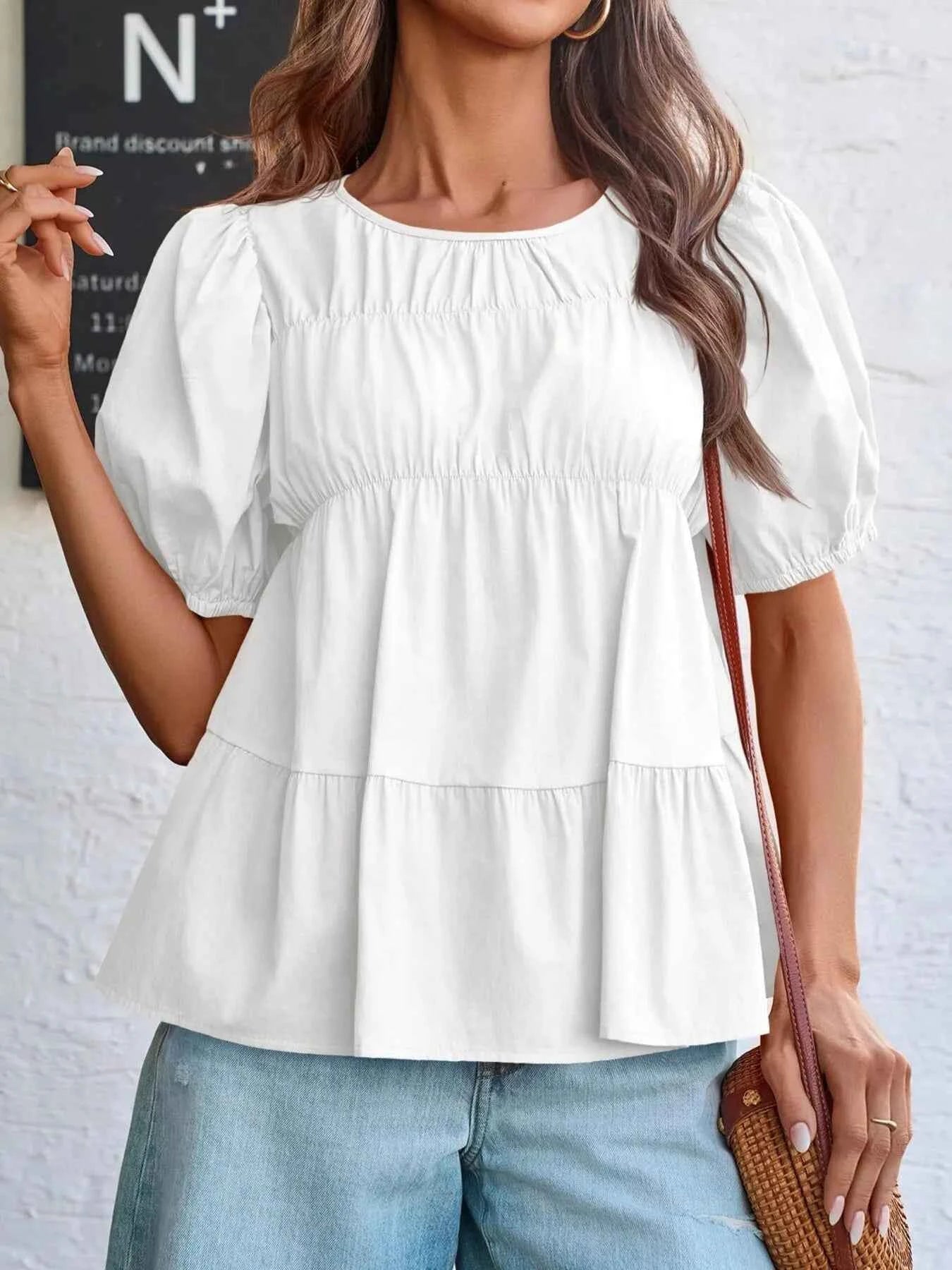 Tiered Round Neck Puff Sleeve Ruched Blouse White 0269a6c4204041e3aff5967c3cd9e30c-Max-Origin