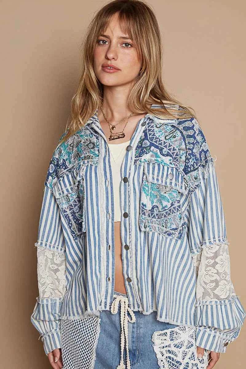 POL Printed Woven Mix Raw Hem Jacket with Lace Detail 026f71be-de0c-4023-9425-f6de5a35609c-Max-Origin