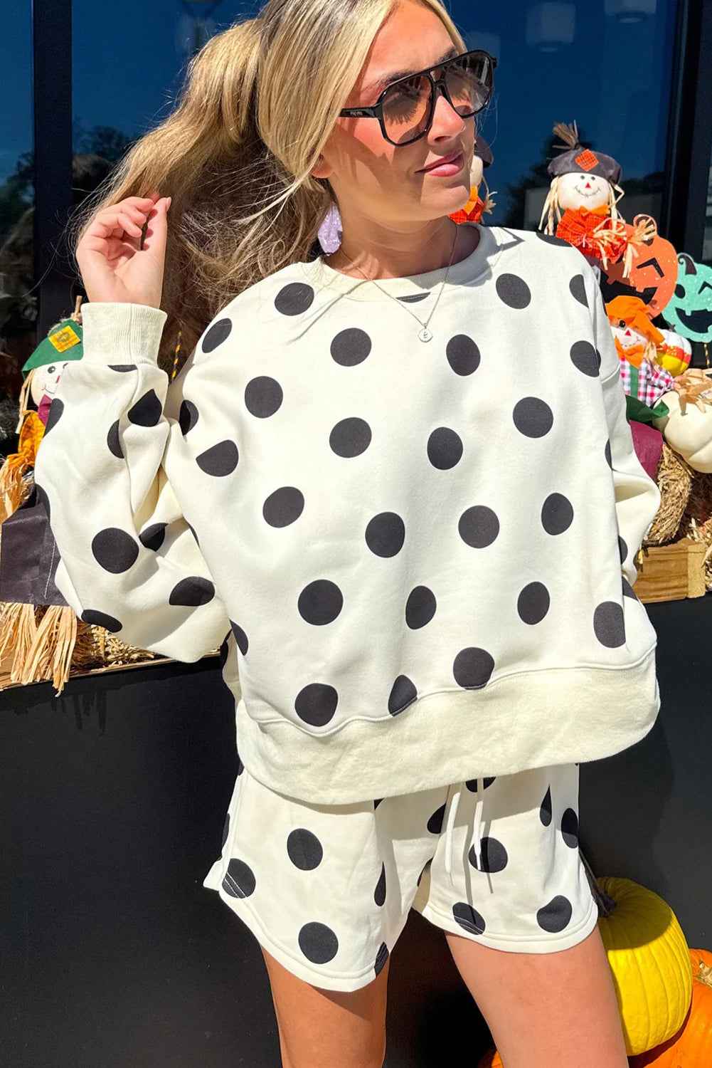 Sky Blue Polka Dot Print Drop Shoulder Pullover Drawstring Shorts Set 0270756044c30010