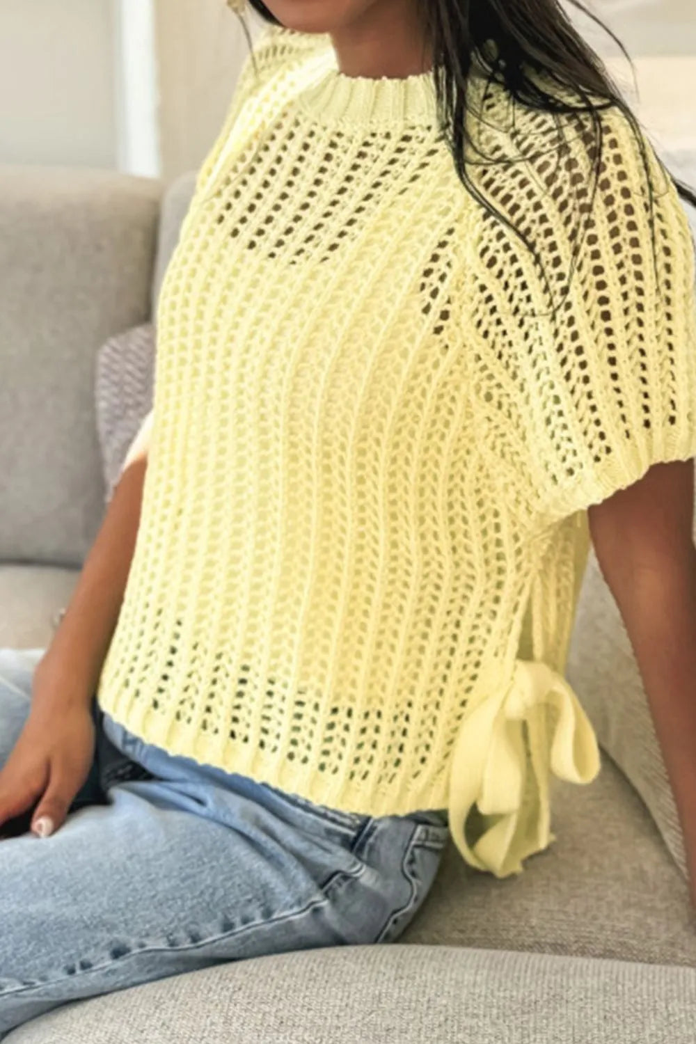 Hollow-out Crochet Side Tied Short Sleeve Knit Cover Up 027c3159-bedf-492e-89ed-1df300207696-Max-Origin