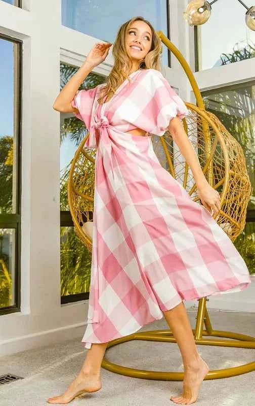 Front Tied Puff Sleeve Checkered Dress with Cut Out Detail 0283b7fa-ccc3-44b9-a1cd-88df7a095c88-Max-Origin