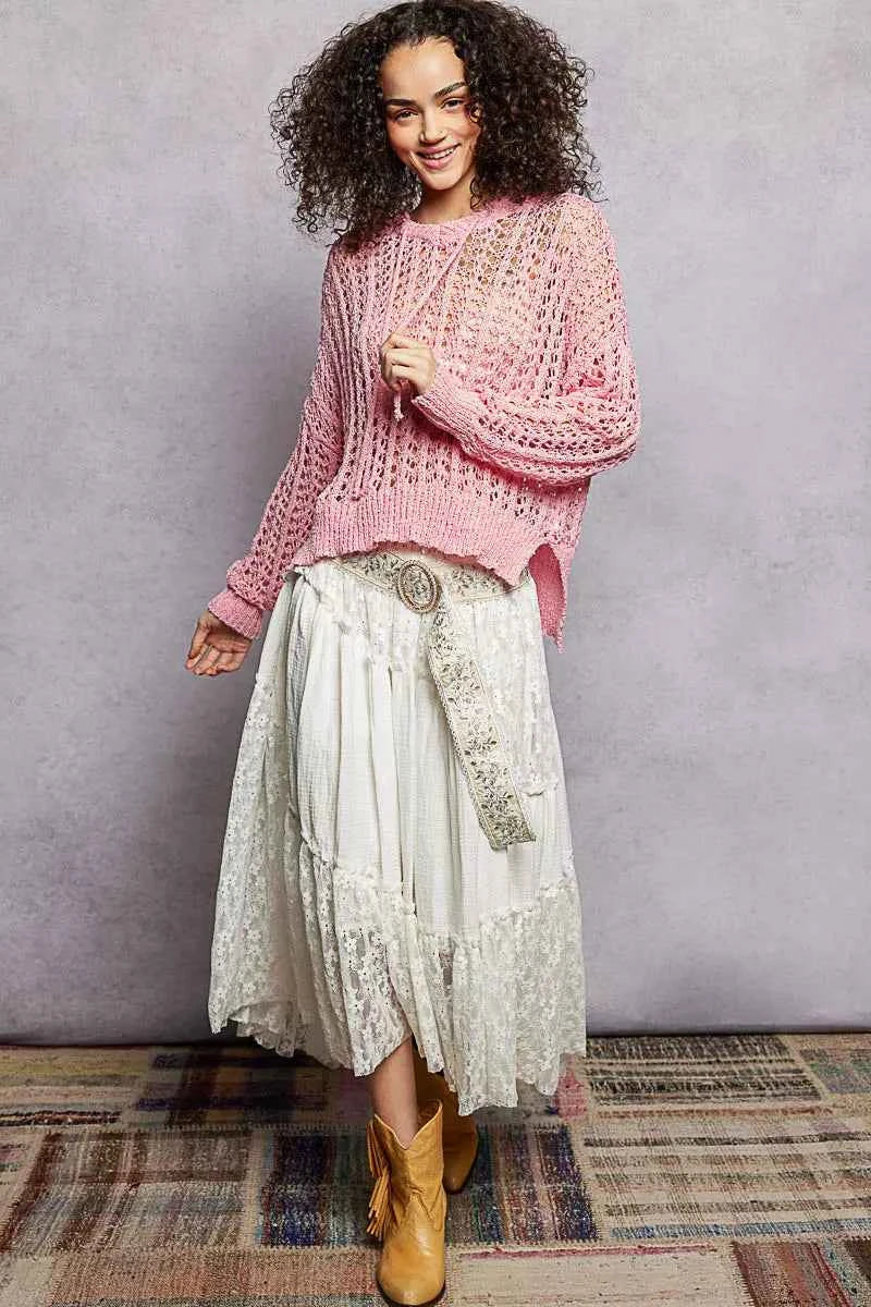 POL Openwork Round Neck High Low Knit Top 0286da0d-2803-4e51-93bd-5eece78a86bb-Max-Origin