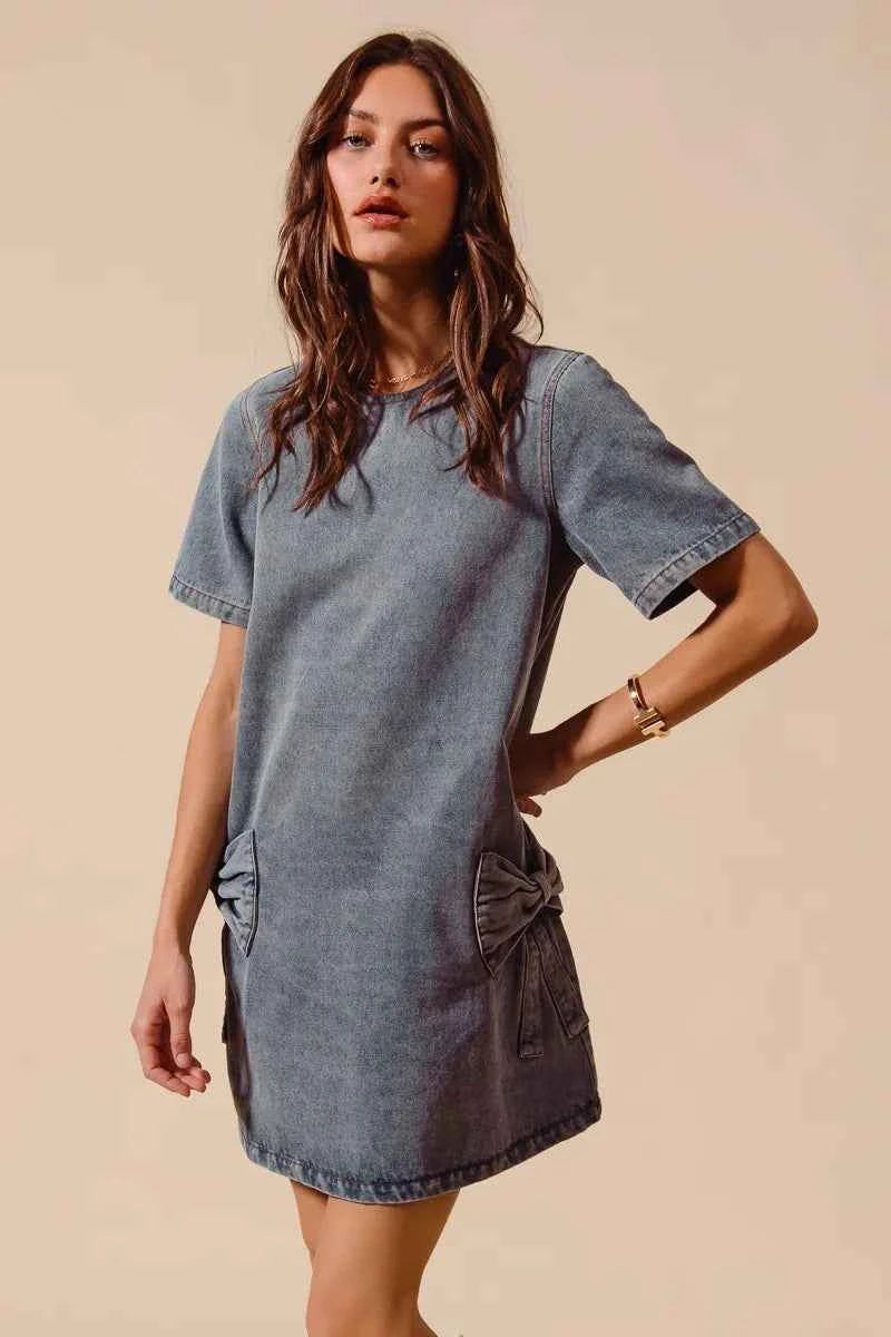 SO ME Bow Ribbon Knot Applique Denim Mini Dress 02883da44d7347769066e505a73e7810-Max-Origin